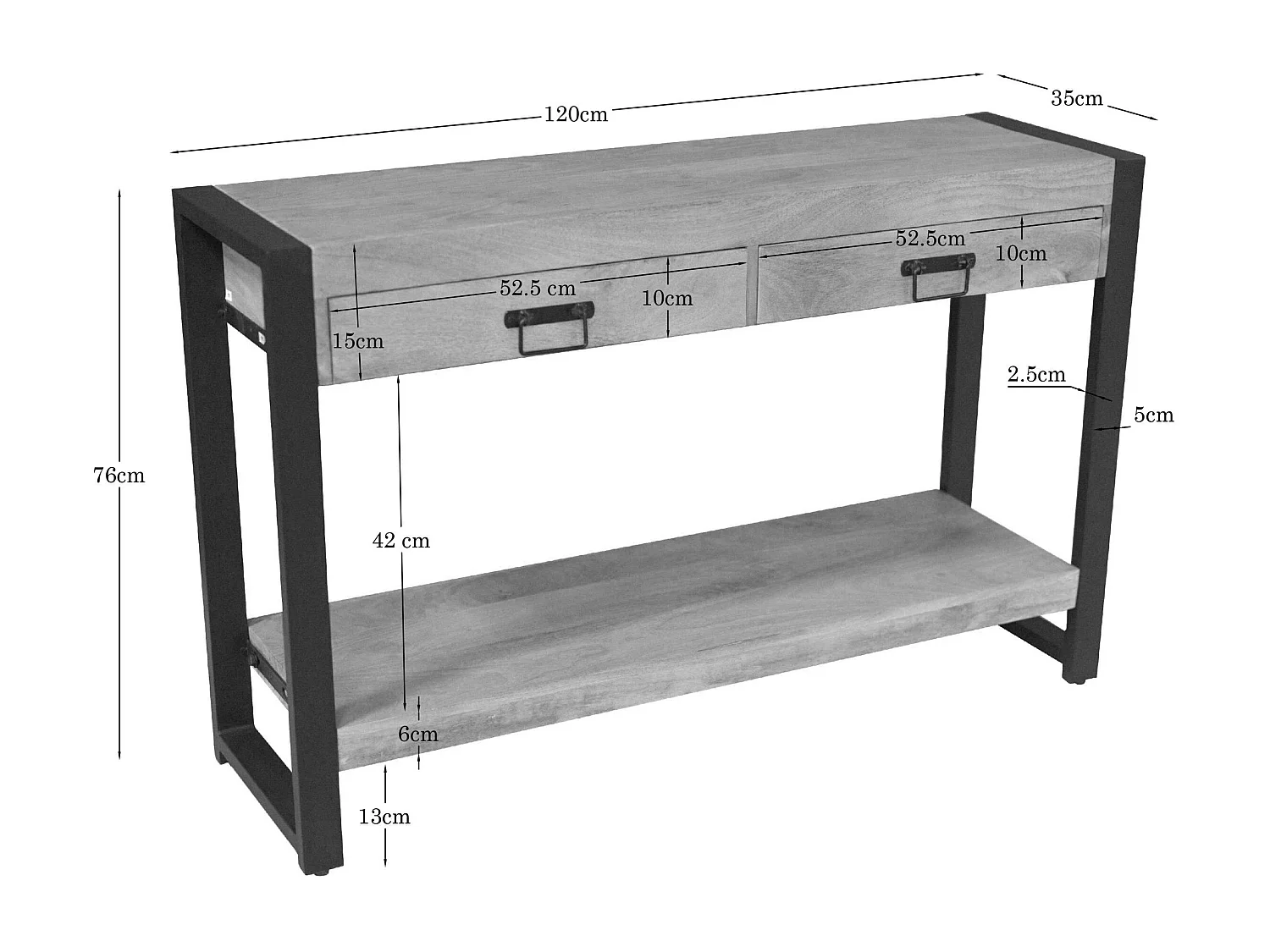 Console d'entrée bois clair métal noir 2 tiroirs MILORA