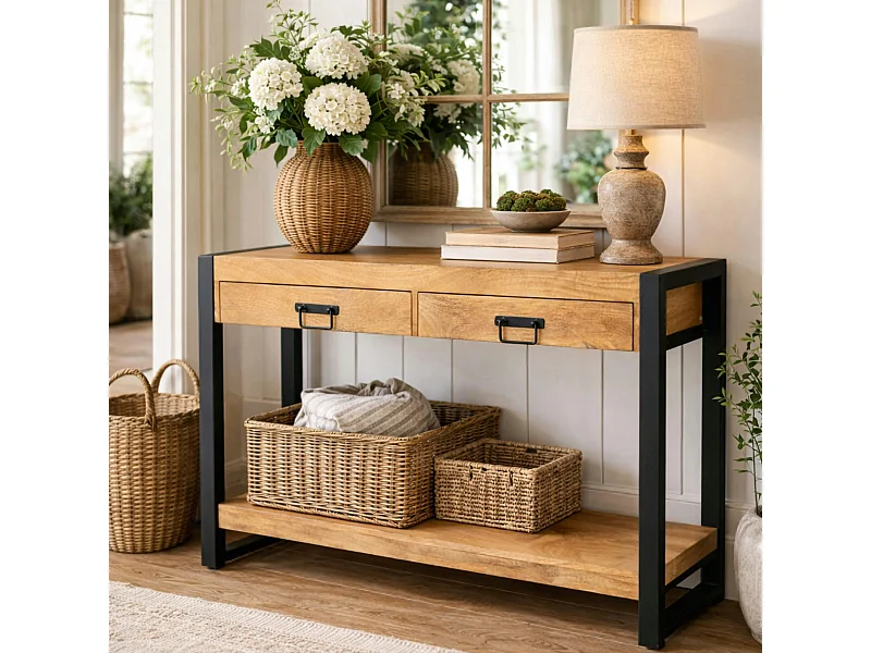 Console d'entrée bois clair métal noir 2 tiroirs MILORA