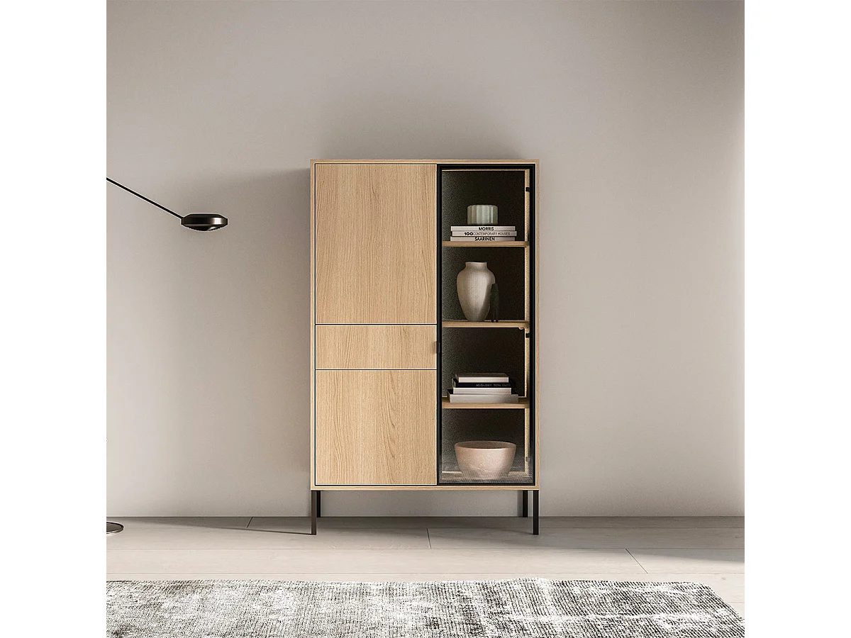 Vaisselier 3 portes 1 tiroir LED inclus Paige Bois et Noir