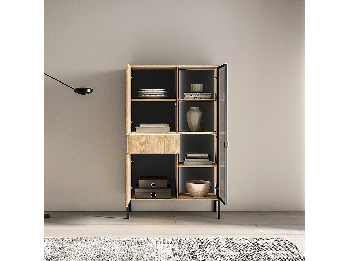 Vaisselier 3 portes 1 tiroir LED inclus Paige Bois et Noir