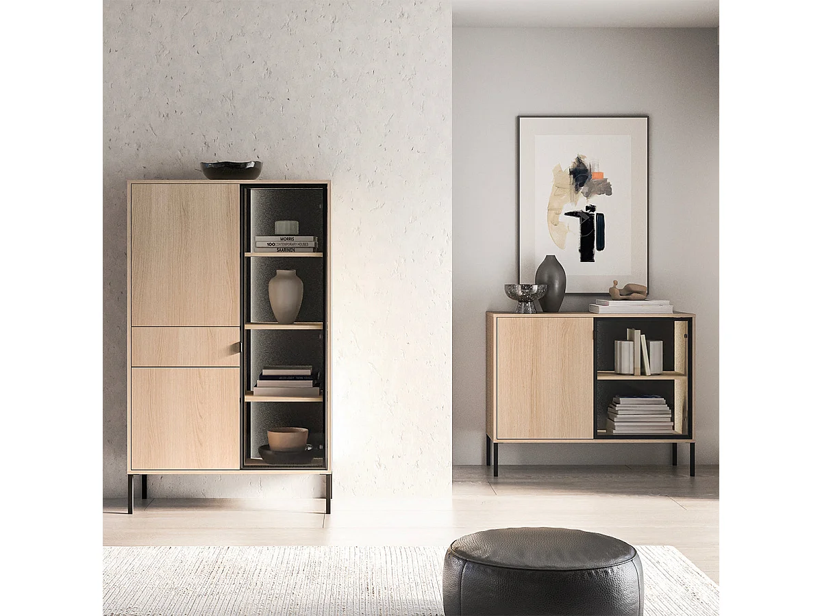 Vaisselier 3 portes 1 tiroir LED inclus Paige Bois et Noir