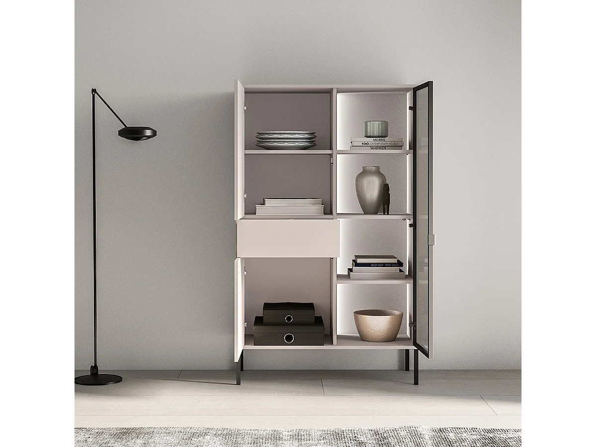 Paige kasjmier en zwarte 3-deurs servieskast met 1 lade