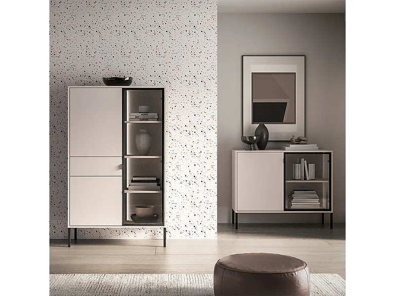 Paige kasjmier en zwarte 3-deurs servieskast met 1 lade