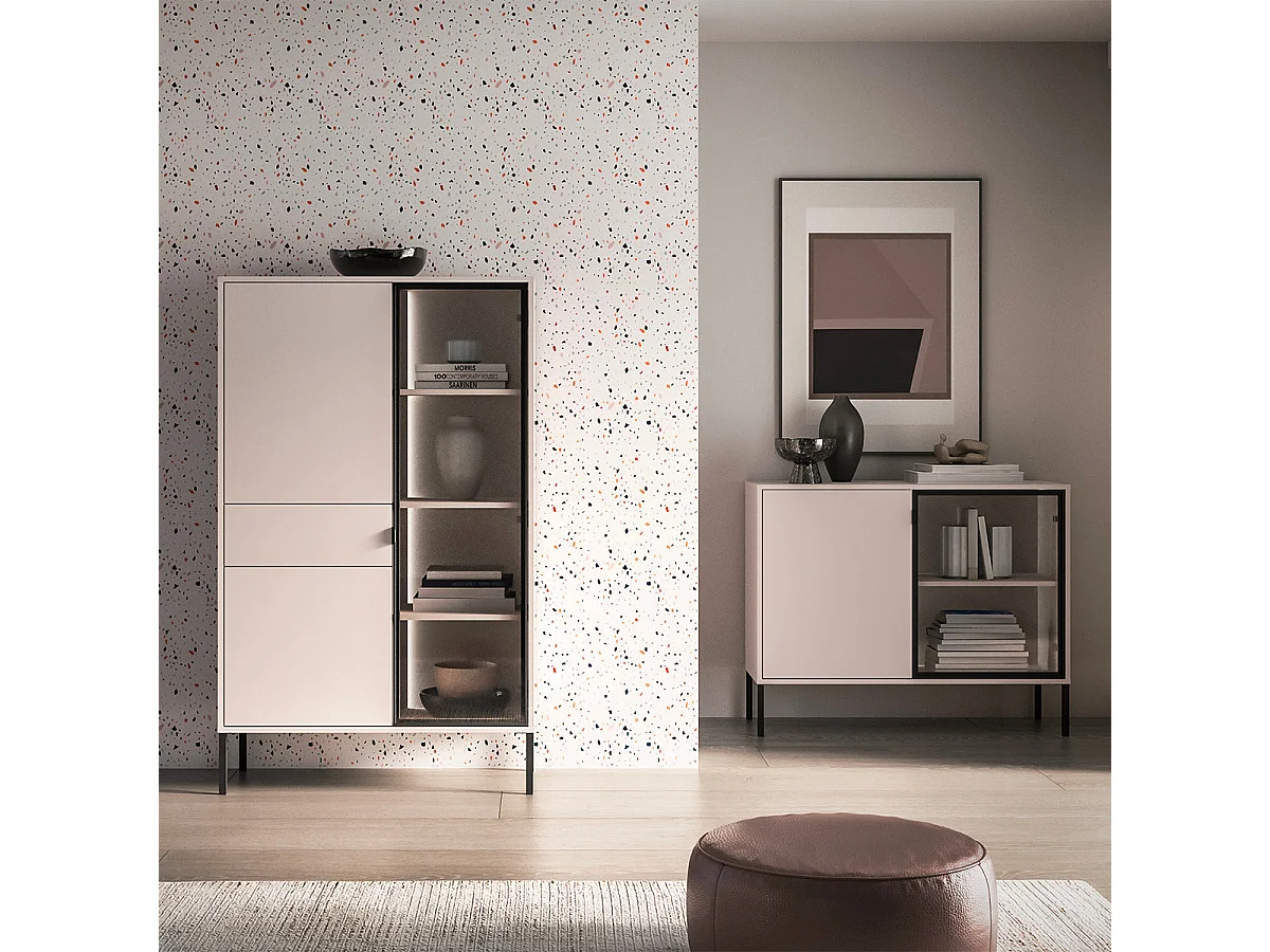 Vaisselier 3 portes 1 tiroir LED inclus Paige Cachemire et Noir