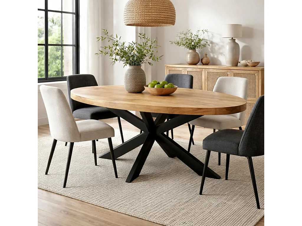 Table ovale bois clair pied croisé métal noir 180 cm RIVANO