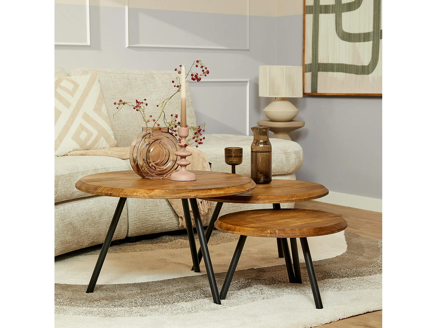 Table basse gigogne bois avec pieds métal noir (lot de 3) ALMA