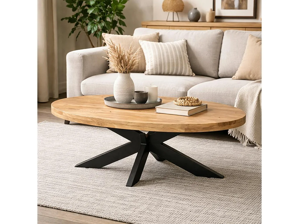 Table basse ovale en bois clair à pied croisé RIVANO