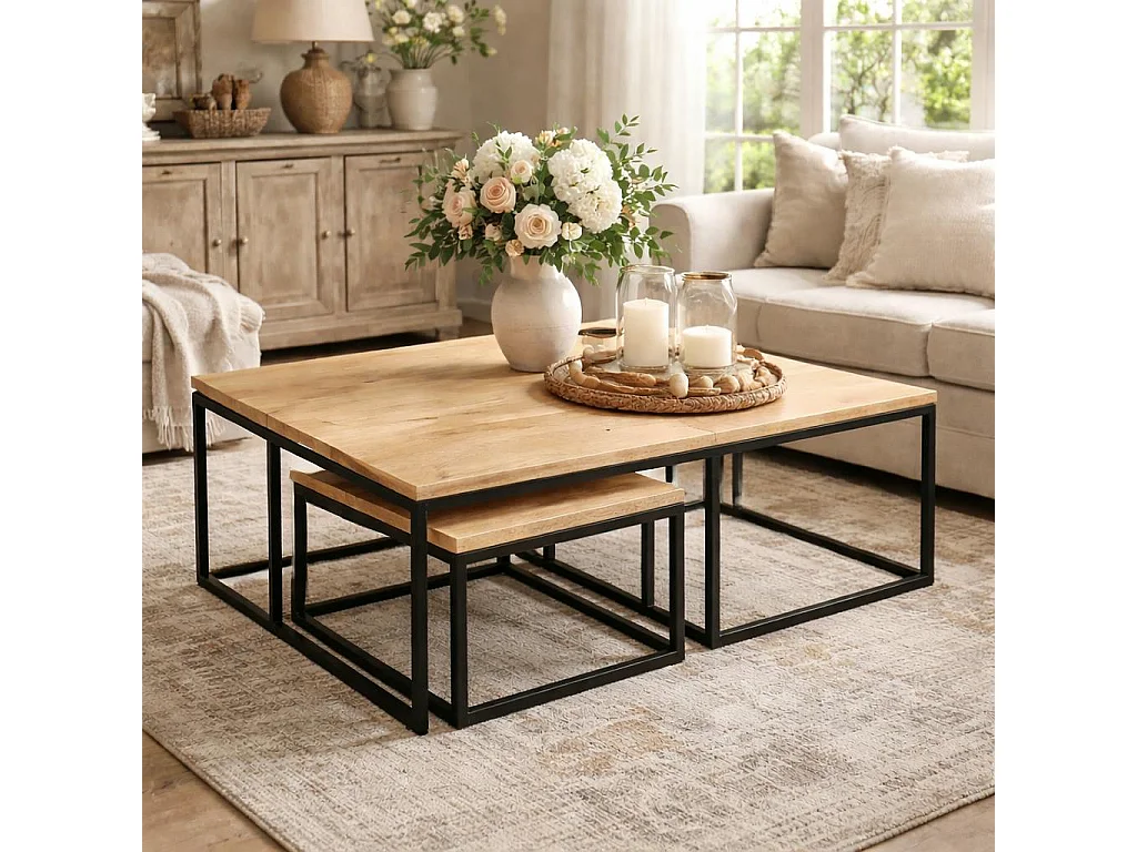 Table basse gigogne rectangulaire en bois clair (lot de 3) RIVANO