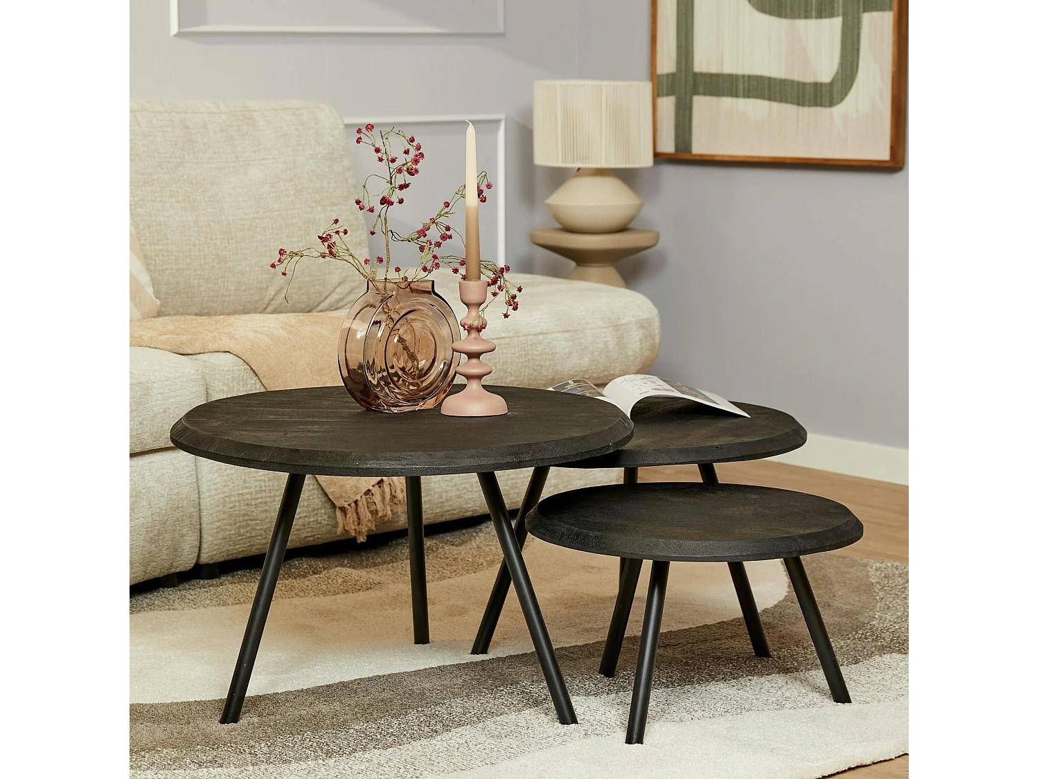 Table basse gigogne bois noir pieds compas (lot de 3) ALMA