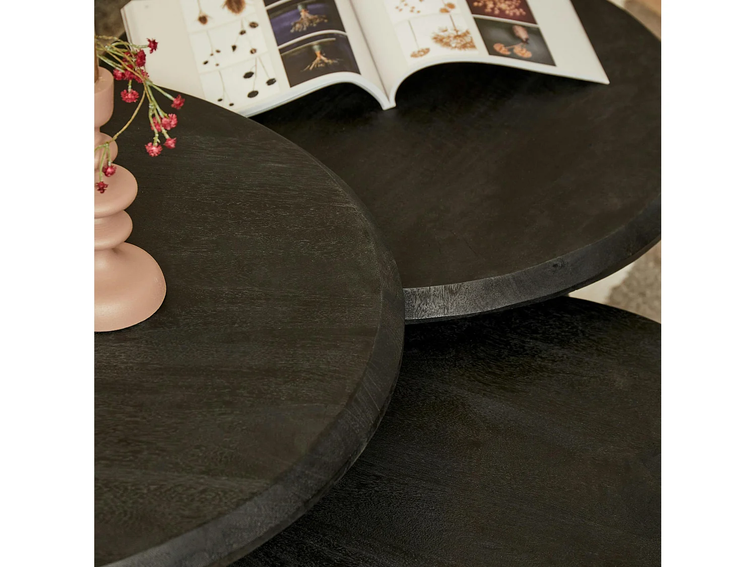 Table basse gigogne bois noir pieds compas (lot de 3) ALMA