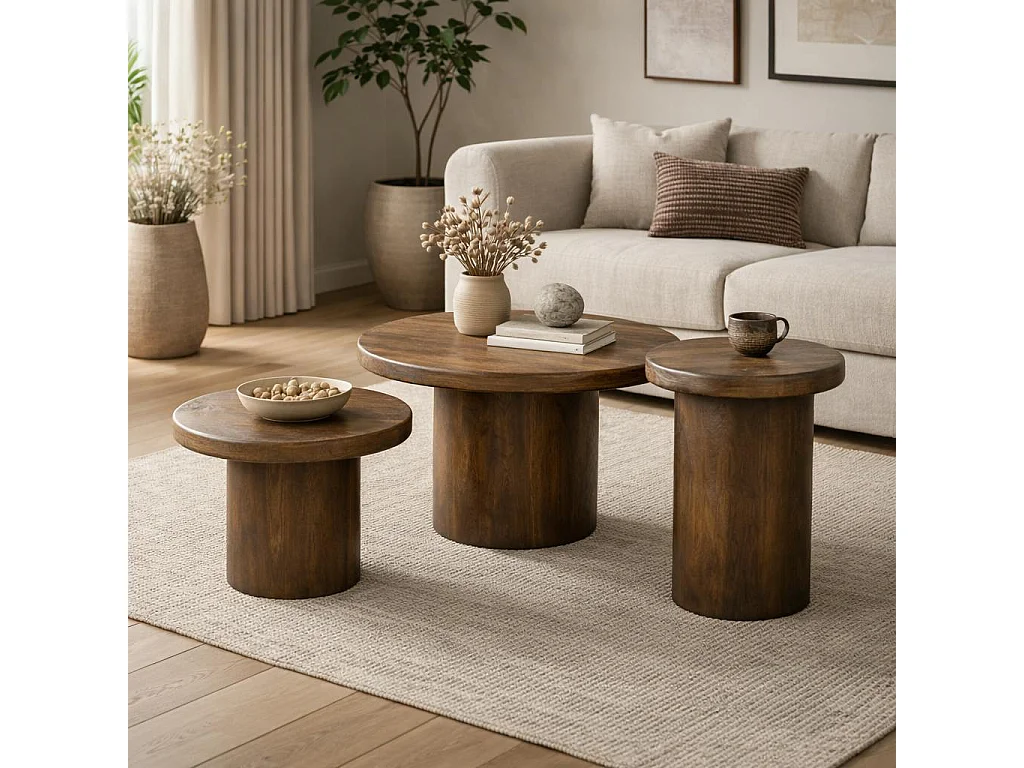 Table basse gigogne ronde bois brun à plateau épais (lot de 3) ALMA
