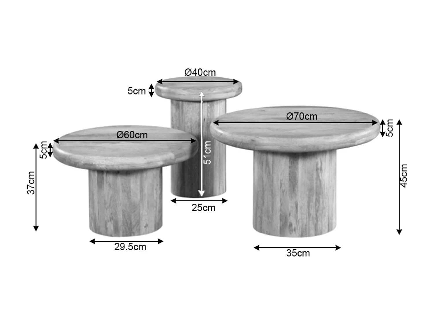 Table basse gigogne ronde bois brun à plateau épais (lot de 3) ALMA
