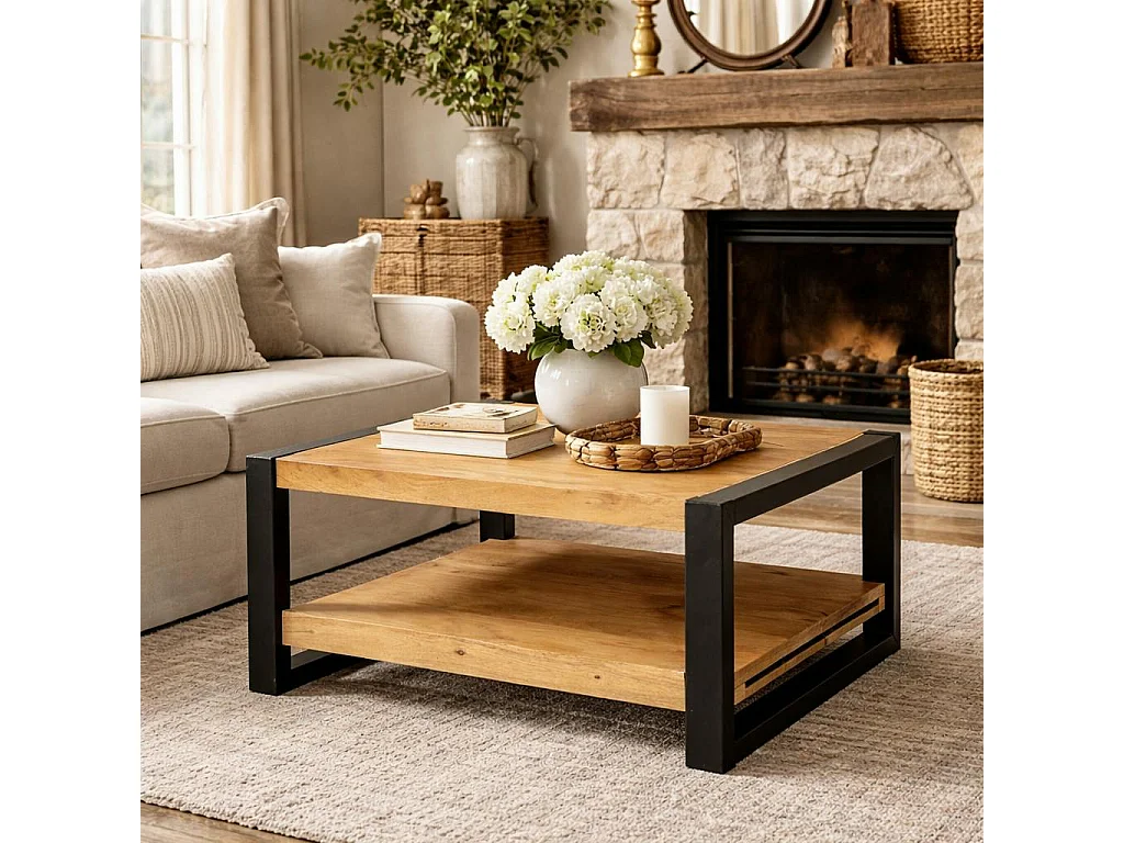 Table basse carrée double plateau bois clair métal noir MILORA
