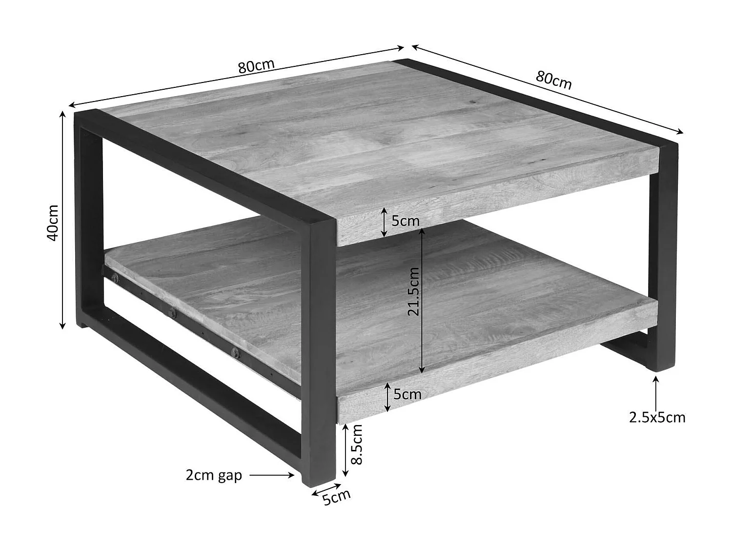 Table basse carrée double plateau bois clair métal noir MILORA