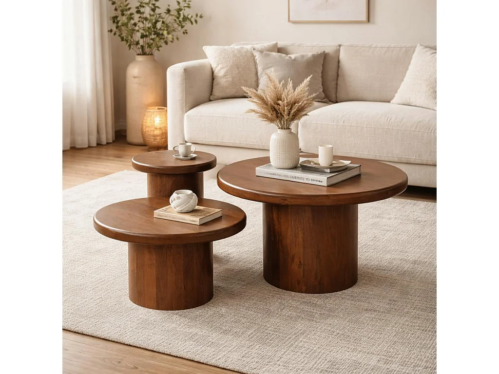 Table basse gigogne ronde bois foncé à plateau épais (lot de 3) ALMA