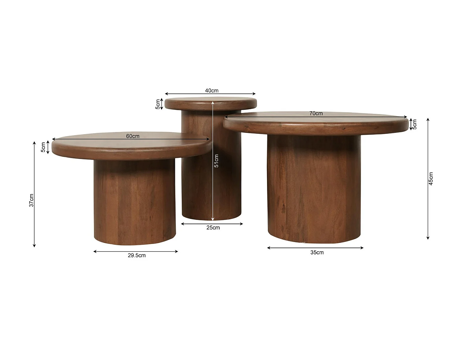 Table basse gigogne ronde bois foncé à plateau épais (lot de 3) ALMA