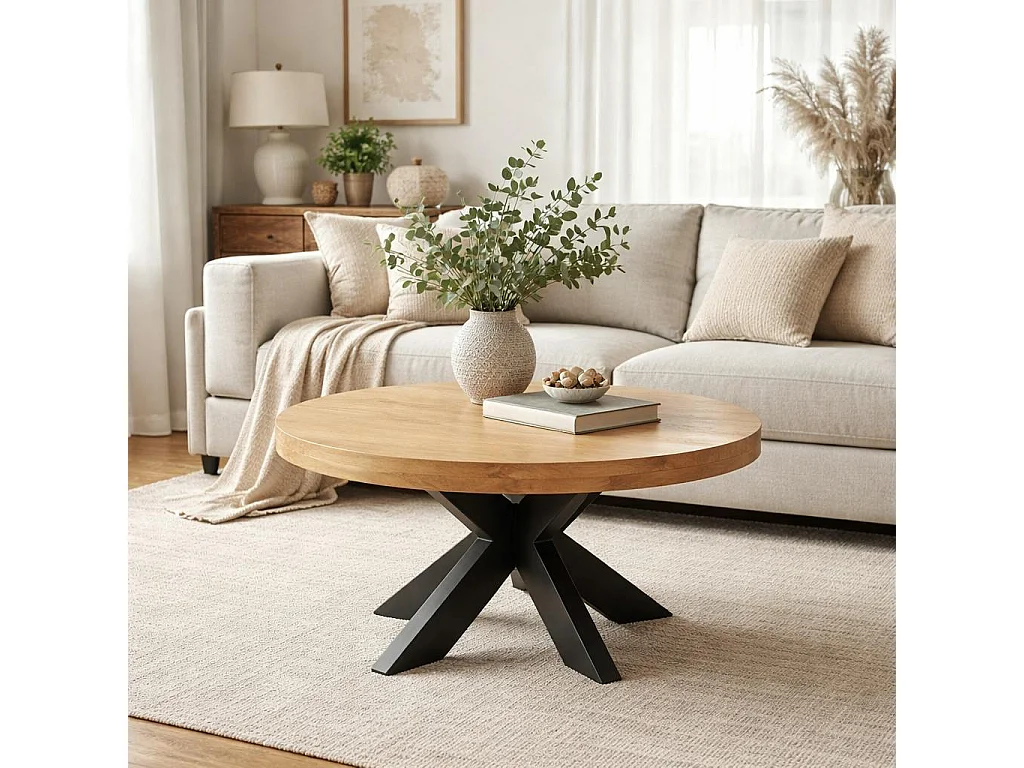 Table basse ronde en bois clair à pied croisé RIVANO