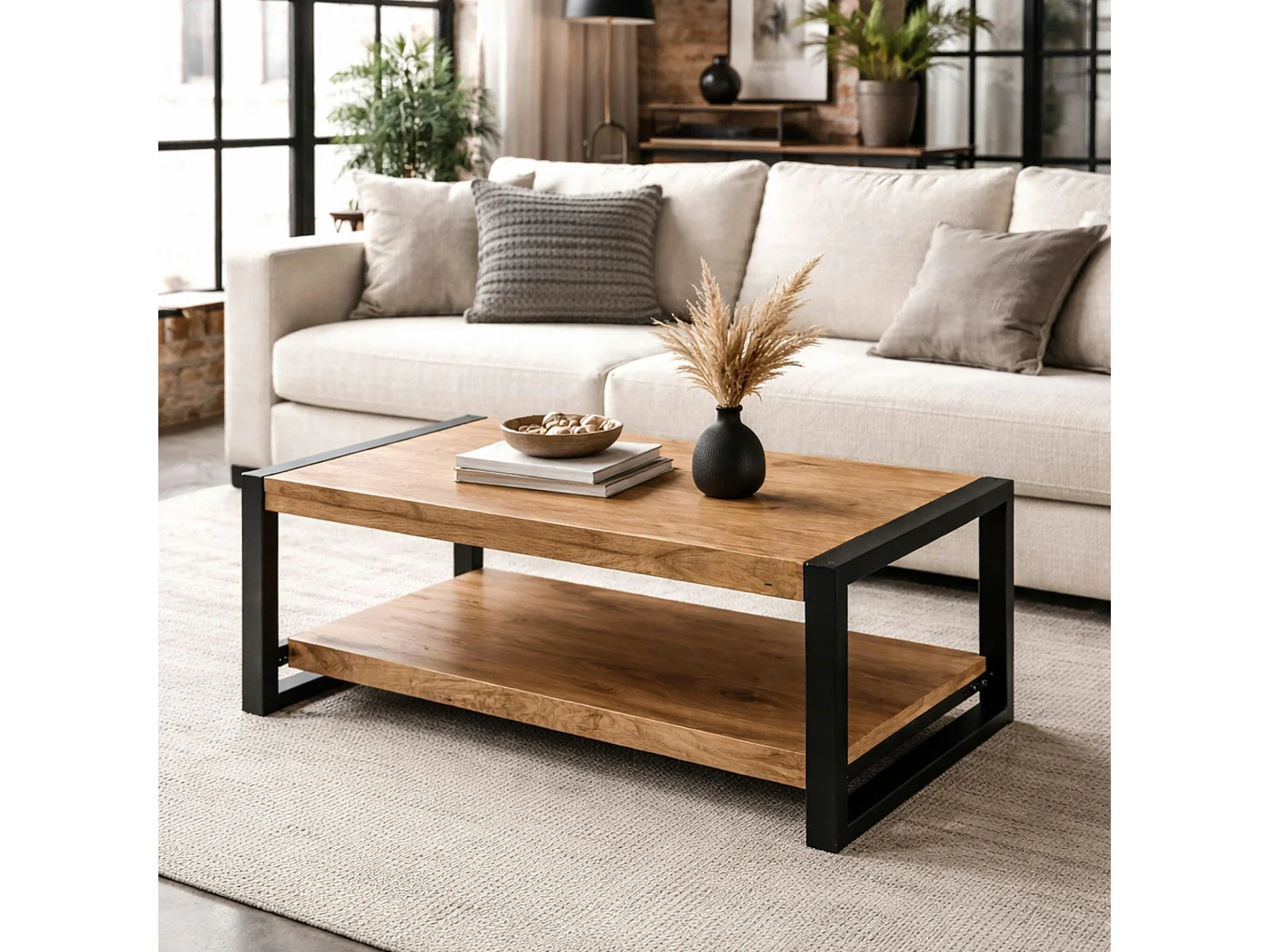 Table basse double plateau bois clair métal noir MILORA