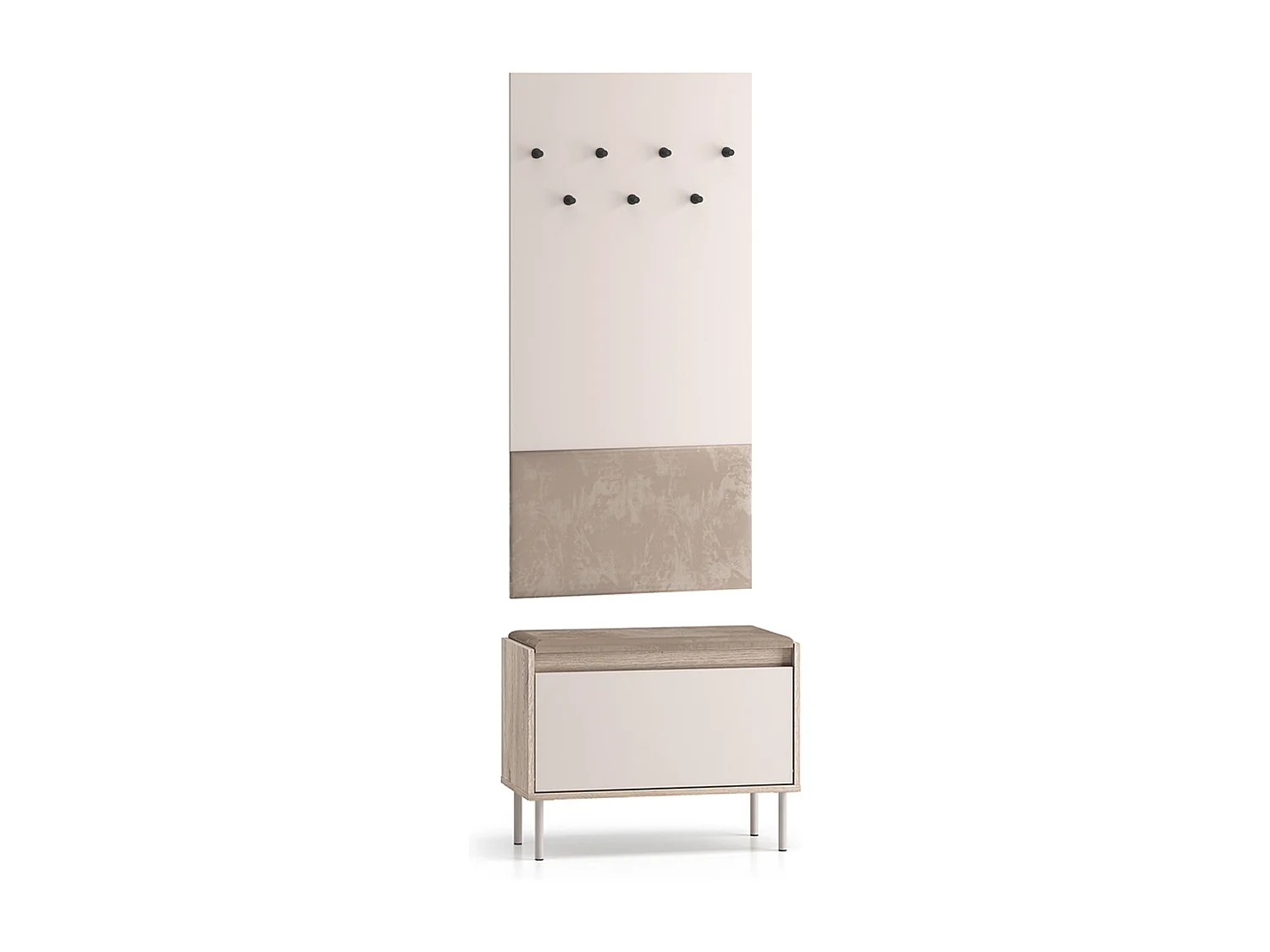 1-door Alos Cashmere and Wood entrance cabinet with coat rack and shoe bench