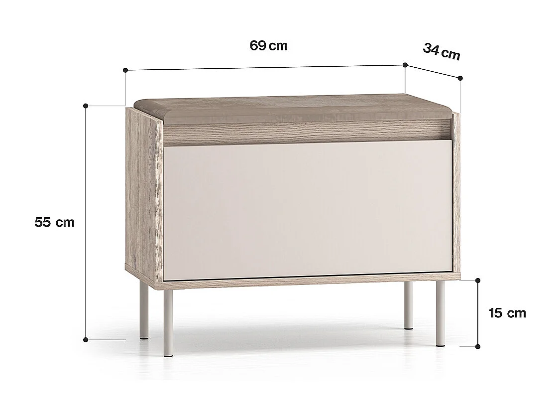 1-door Alos Cashmere and Wood entrance cabinet with coat rack and shoe bench