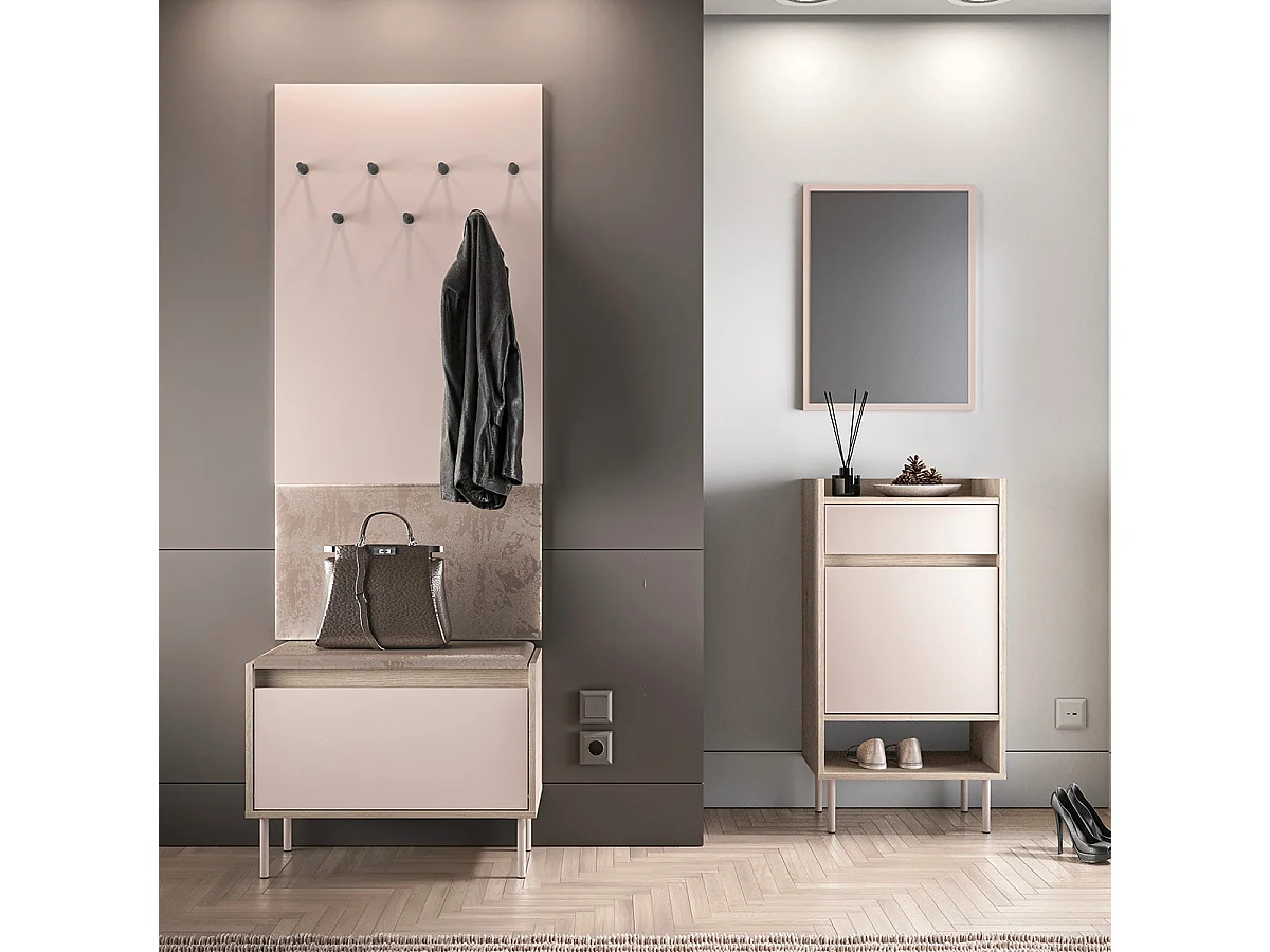 1-door Alos Cashmere and Wood entrance cabinet with coat rack and shoe bench