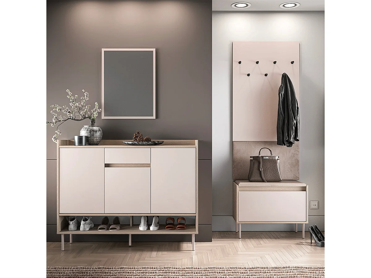 1-door Alos Cashmere and Wood entrance cabinet with coat rack and shoe bench