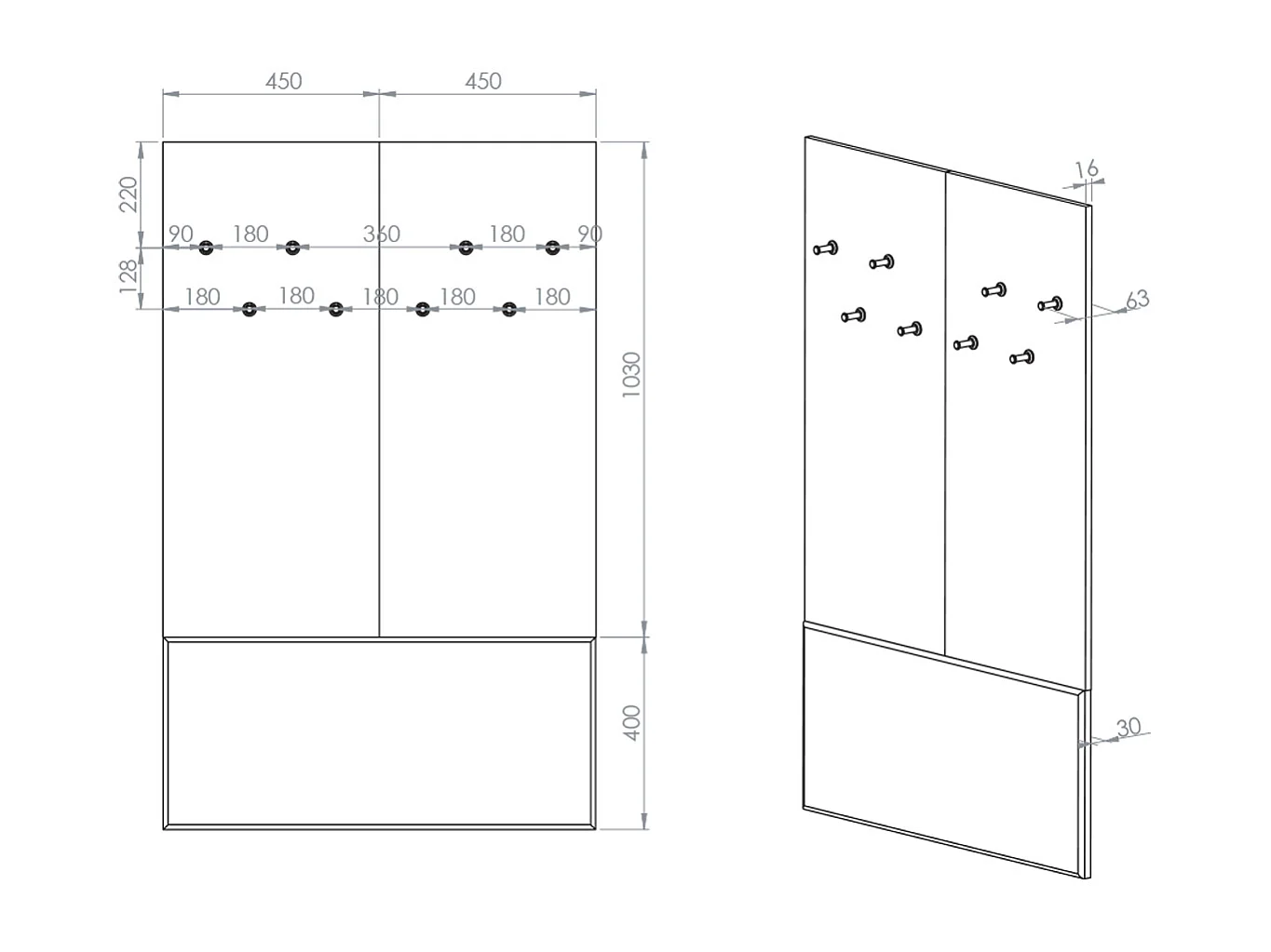 Lange 1-deurs Alos Cashmere en houten entree met kapstok en schoenenbank