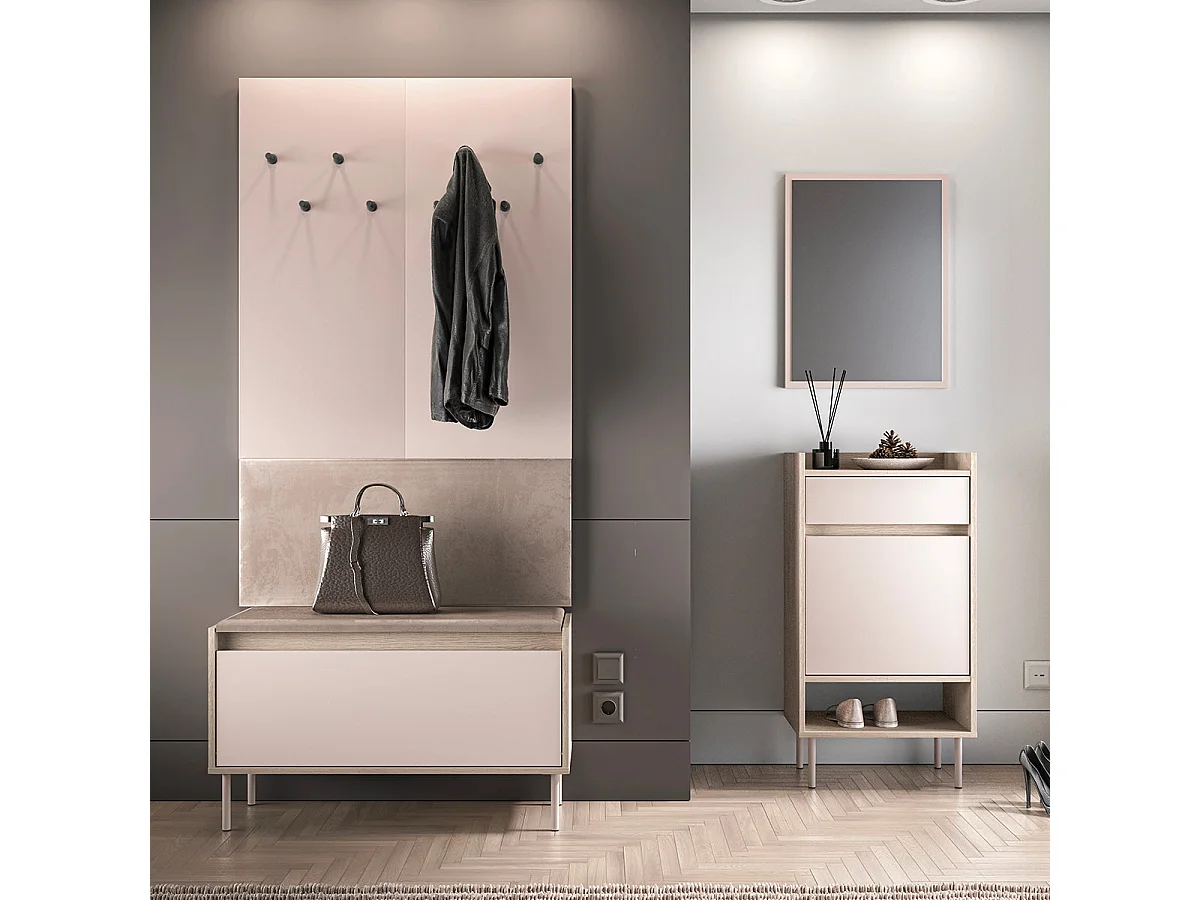 Long 1-door Alos Cashmere and Wood entrance cabinet with coat rack and shoe bench