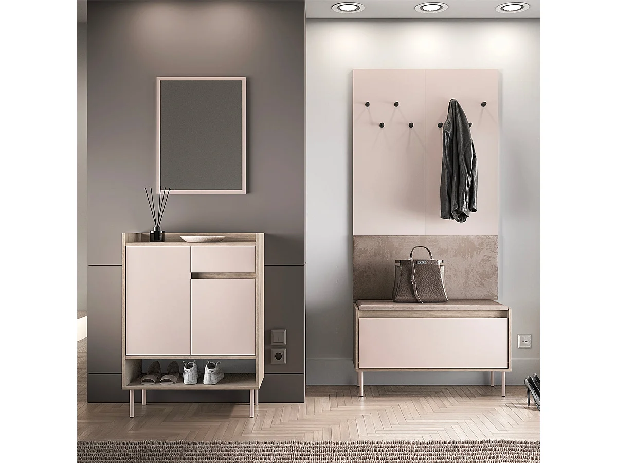 Long 1-door Alos Cashmere and Wood entrance cabinet with coat rack and shoe bench