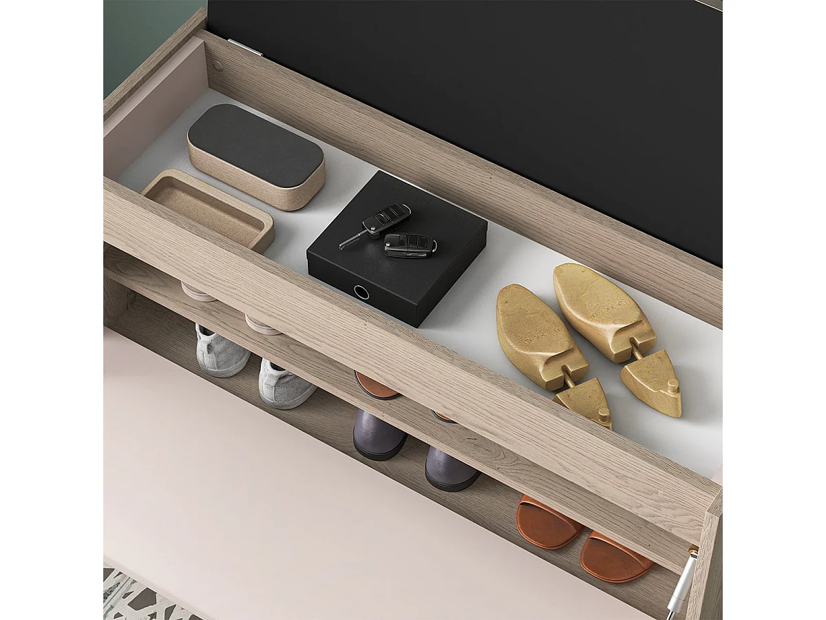 Long 1-door Alos Cashmere and Wood entrance cabinet with coat rack and shoe bench