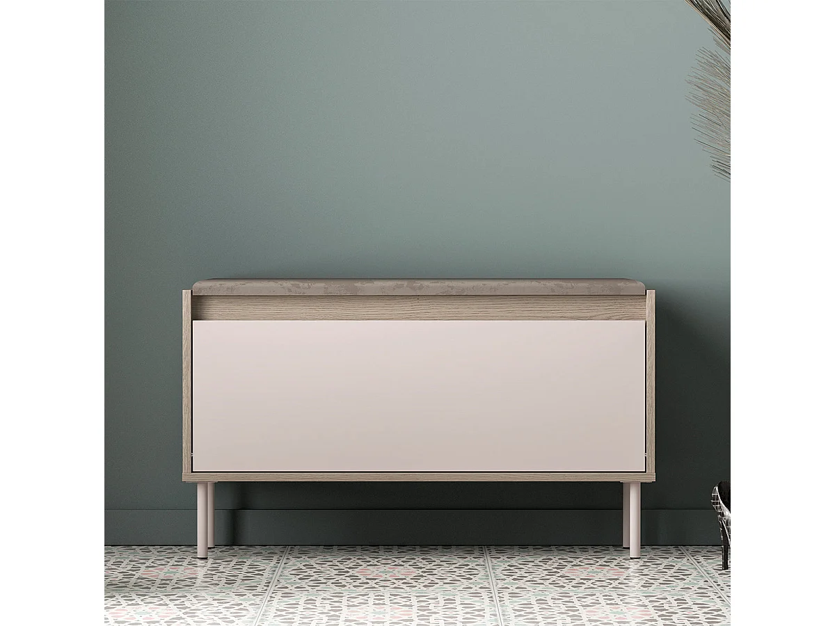 Long 1-door Alos Cashmere and Wood entrance cabinet with coat rack and shoe bench