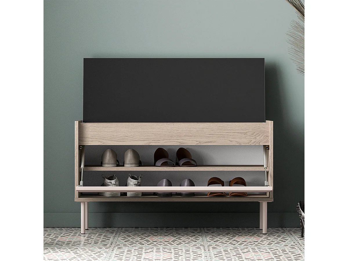 Long 1-door Alos Cashmere and Wood entrance cabinet with coat rack and shoe bench