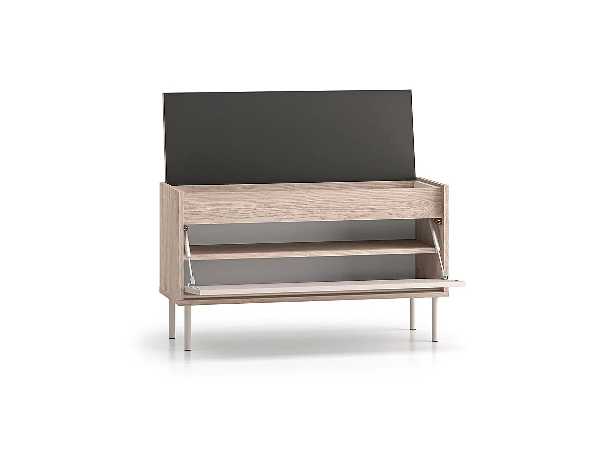 Long 1-door Alos Cashmere and Wood entrance cabinet with coat rack and shoe bench