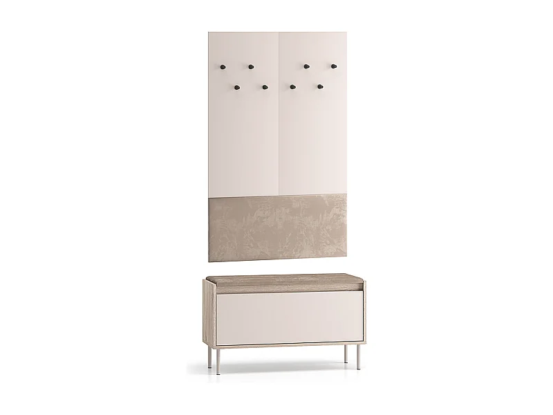 Móvel de entrada comprido de 1 porta Alos Cashmere e Madeira com bengaleiro e banco para sapatos