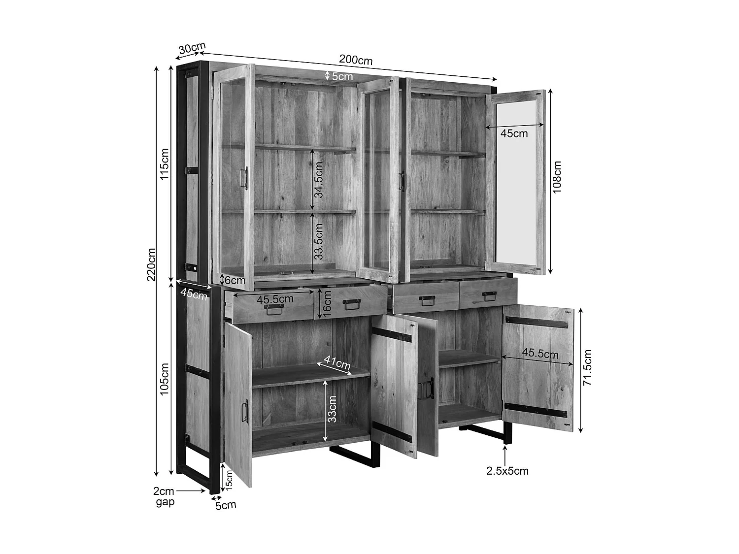 Vaisselier XXL bois clair métal noir 8 portes MILORA