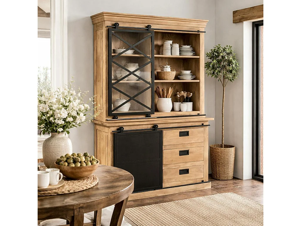 Vaisselier bois métal style atelier à portes coulissantes 120 cm CAMDEN