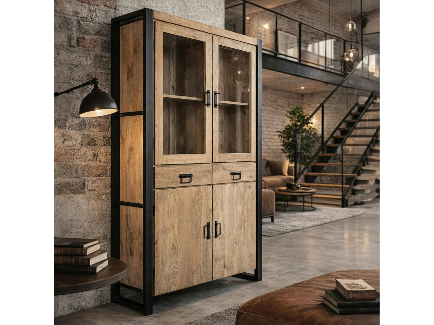 Vaisselier en bois clair et métal noir 4 portes MILORA