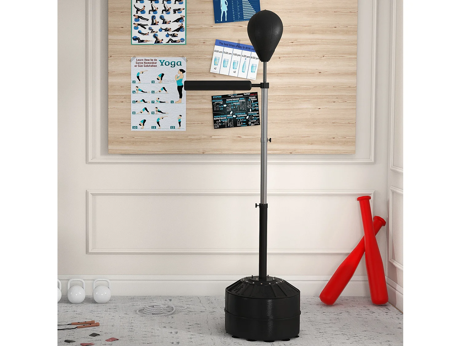 Punching ball avec socle lestable barre de réflexe et pompe - hauteur réglable 160-205 cm - noir