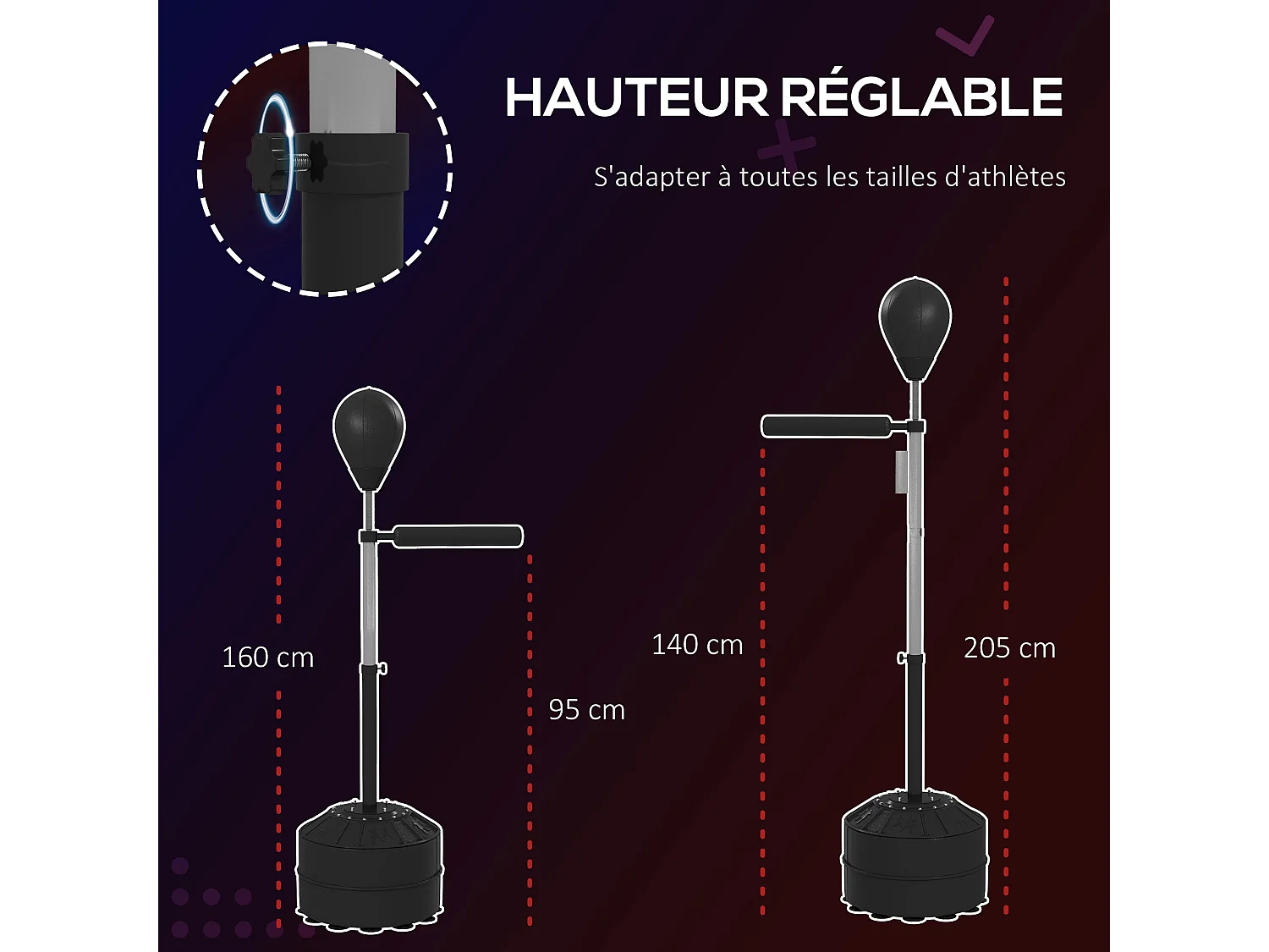 Punching ball avec socle lestable barre de réflexe et pompe - hauteur réglable 160-205 cm - noir