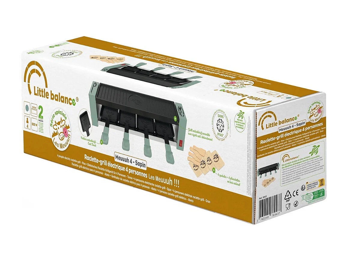 Raclette-Gerät Little Balance für 4 Personen 800W mit Grill, abnehmbarer Antihaftplatte und Holz-Zubehör