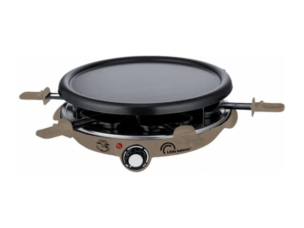 Multifunktionale Raclette Little Balance Meuuuh für 6 Personen 1200W Taupe mit Crêpepfanne und 6 Pfännchen