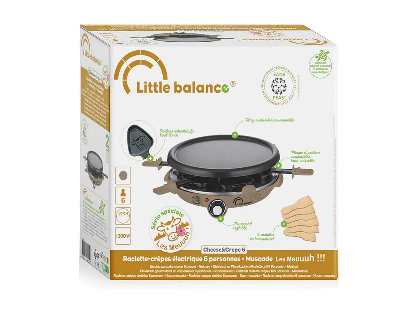 Multifunktionale Raclette Little Balance Meuuuh für 6 Personen 1200W Taupe mit Crêpepfanne und 6 Pfännchen