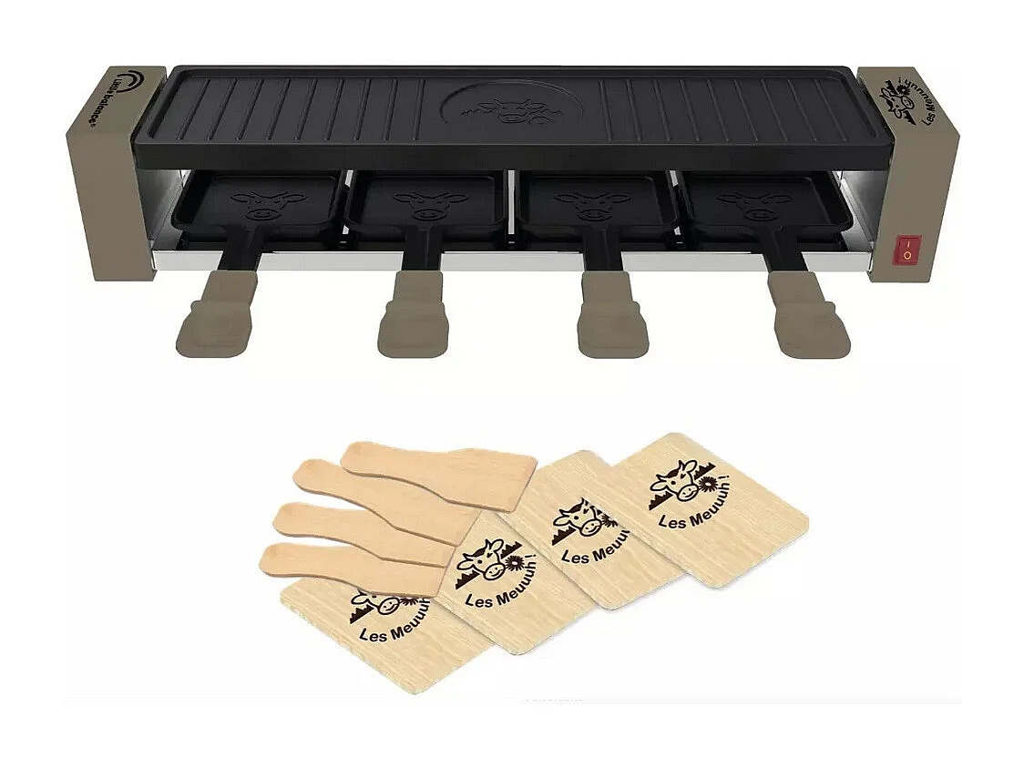 Raclette-Gerät Little Balance für 4 Personen 800W, abnehmbare Antihaftplatte, 4 Pfännchen aus Naturholz, kompakt und leicht