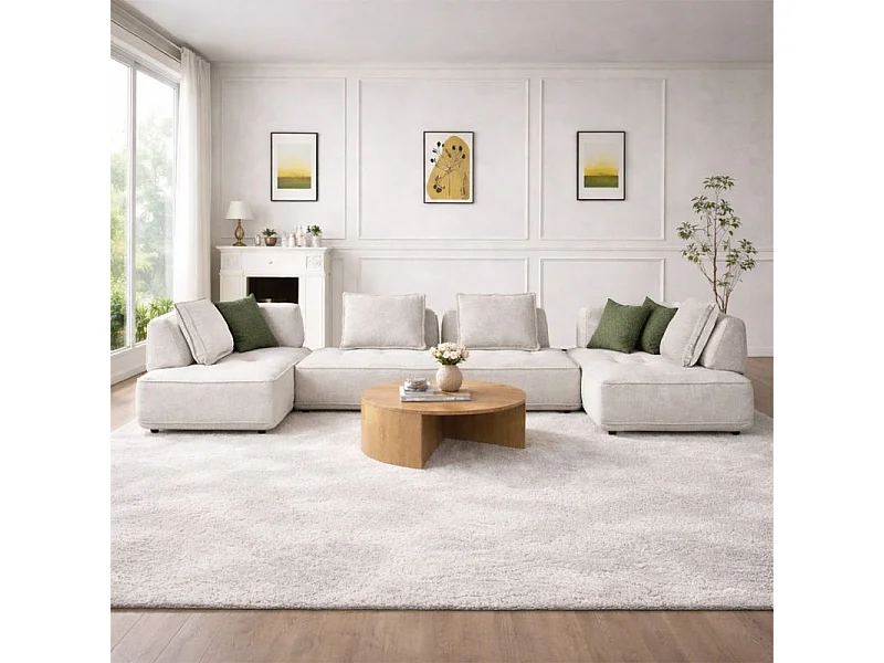 Canapé modulable 6 places dossiers amovibles tissu chiné écru - GAELLE