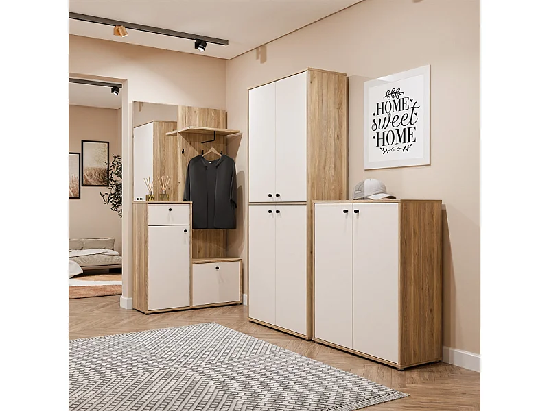 Armoire à chaussures H. 98 cm décor bois de chêne et sable - TIAGO