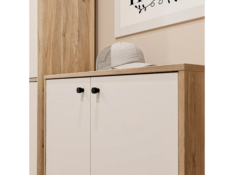 Armoire à chaussures H. 98 cm décor bois de chêne et sable - TIAGO