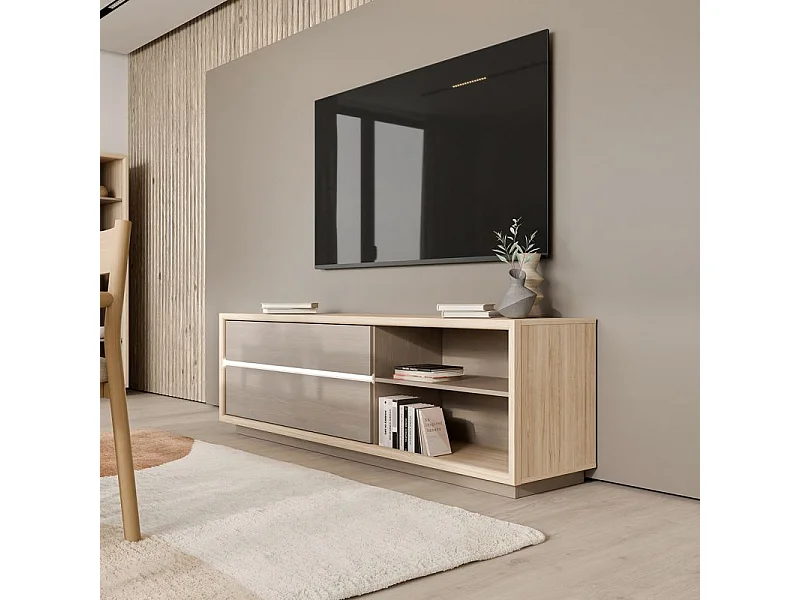 Meuble TV 185 cm décor chêne et pin avec éclairage LED – FREYA