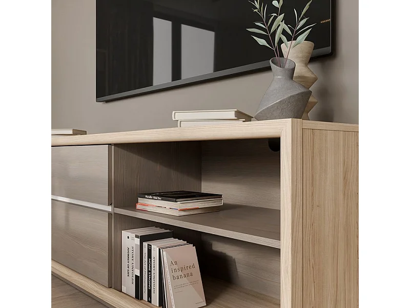 Meuble TV 185 cm décor chêne et pin avec éclairage LED – FREYA
