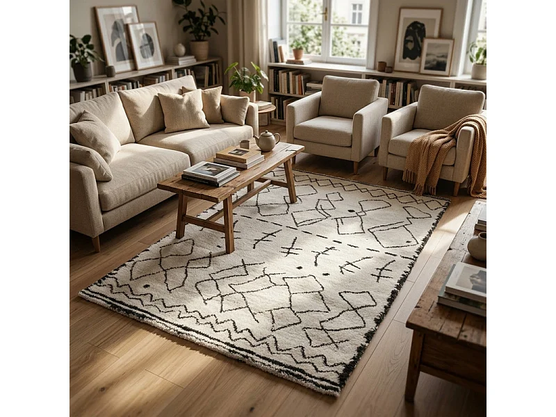 Tapis 120x170 cm beige et noir motif berbère ethnique - ANTOINE 1399