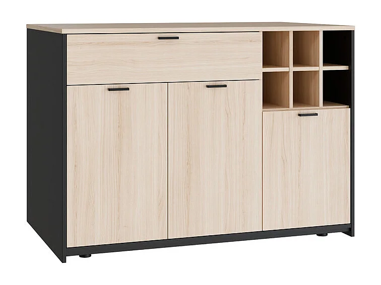 Ilot central rangement 3 portes 1 tiroir décor bois clair et noir - KEMA
